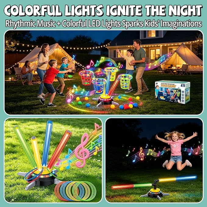 Bean Bag Ring Toss Game for Kids, 3-in-1 Carnival Musical Jumping Toy with LED Lights, Remote, Electric Spinning Base, Indoor & Outdoor Toys for Kids Ages 4-8, Backyard Sport Toy for Boys Girls