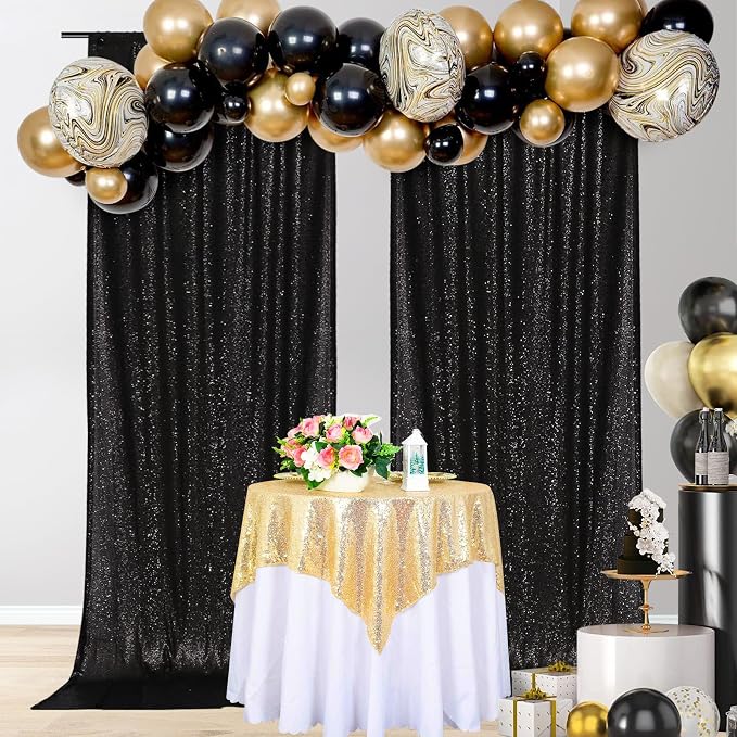 PartyDelight Black Sequin Backdrop Curtains 5x10ft 2 Panels | 3mm stitched sequin curtain with 4 inch rod pocket for 5x10ft wide reception wall head table stage backdrop and event display