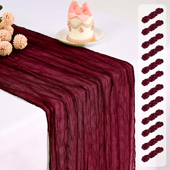 Pesonlook 12 Pack Cheesecloth Table Runner,Burgundy Table Runner Long Romantic Semi Sheer Rustic Boho Gauze Table Runners for Wedding Bridal Shower Birthday Party Decorations(17.7×108 Inch)