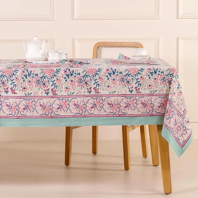 Hand Block Printed Tablecloth, Colorful Floral Print, Indian Artisan Handmade Art, Dining Room, Kitchen, Outdoor Décor, (Salmon Pink, 12 Seater 72 x 135 Inches Rectangle)