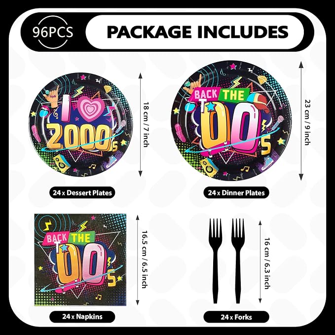 96Pcs 2000s Party Decorations Y2K Early 2000s Theme Plates and Napkins Hip Hop Back to the 00s Disposable Paper Tableware Set for Adult Teens Retro 00s Birthday Party Supplies Serves 24