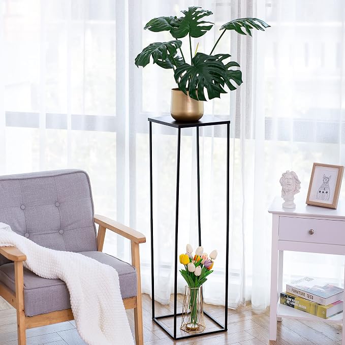 Black Tall Plant Stand: 39.4in, With Metal Panel, Packs of 2 | Columnar Cube Shape, Easy to Assembly, Flowers Cakes Drinks Display Table Centerpieces for Wedding Party Event