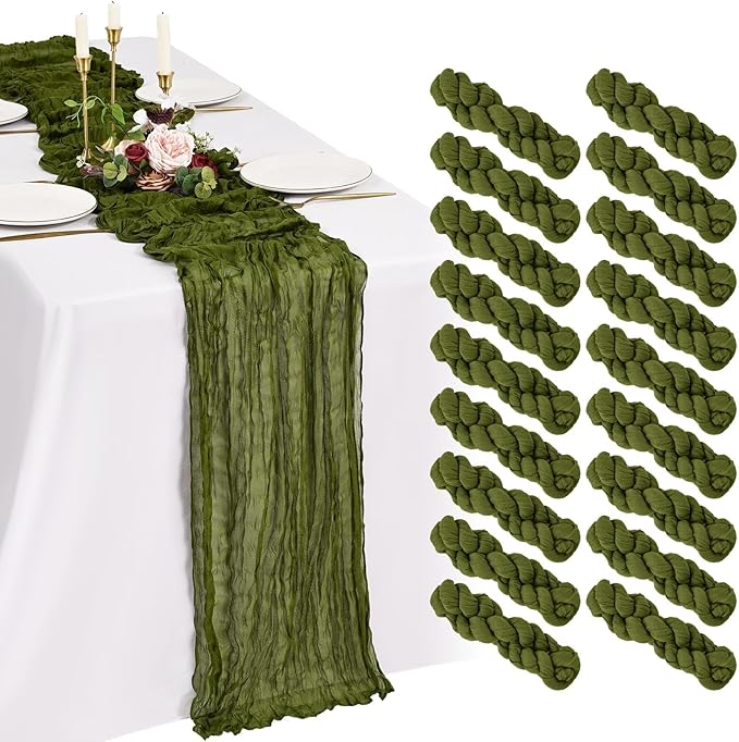 18 Pack Cheesecloth Table Runner 10FT Olive Green Table Runner Boho Gauze Cheese Cloth Table Runners Long Rustic Sheer Table Decorations for Wedding Party Baby Bridal Shower Birthday Holiday Home