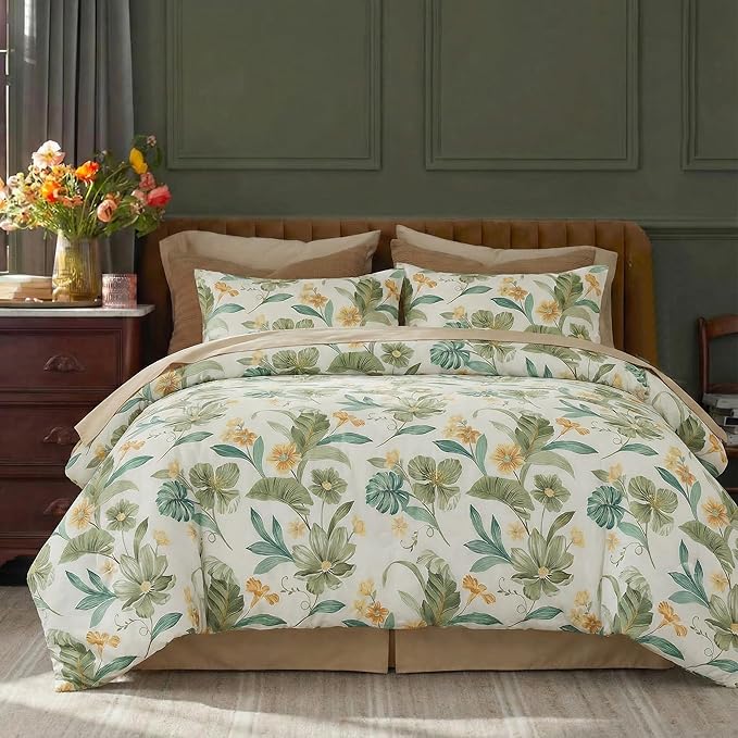 Bedding_Dreamer Green Floral Comforter Set Queen 100% Cotton Comforter Garden Style Bedding Flower Leaf Botanical Bed Chic Boho Home Decor
