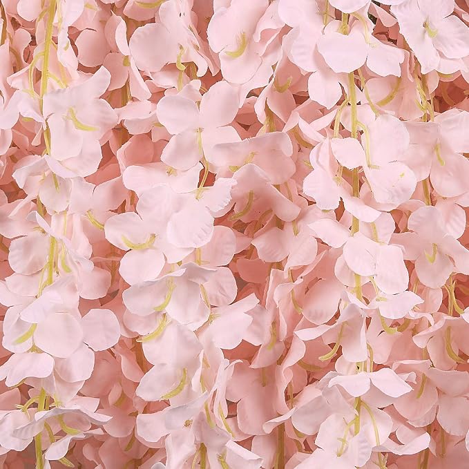 Pauwer 12 Pack (43.2 FT) Artificial Wisteria Vine Ratta Fake Wisteria Hanging Garland Silk Long Hanging Bush Flowers String Home Party Wedding Decor (12 Pack, Blush Peach)
