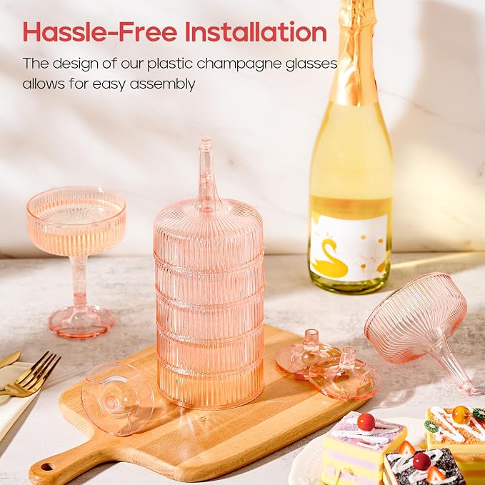 20 Pack Plastic Champagne Tower, 7oz Champagne Coupe glasses Unbreakable Plastic Cocktail Glasses Acrylic Martini Glasses for Wedding Birthday Party Bar, Pink