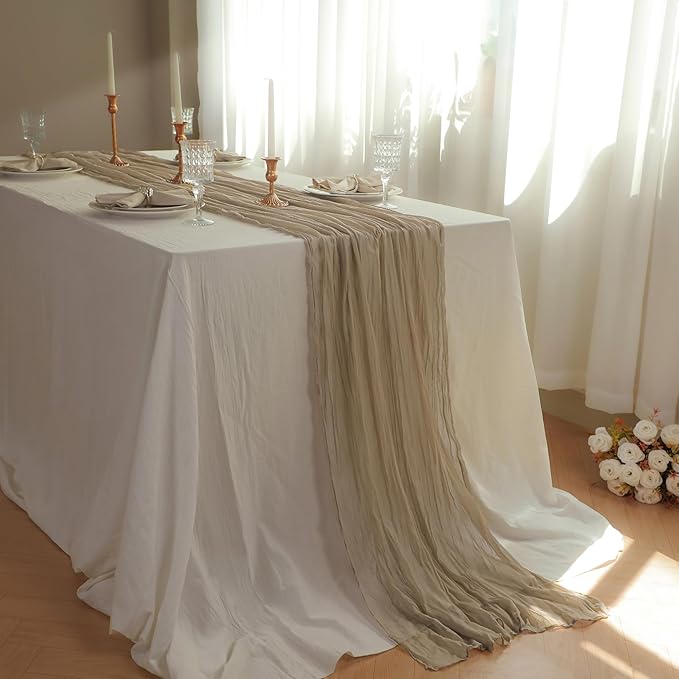 Snowkingdom Nude Brown Cheesecloth Table Runner Taupe Light Tan 120 Inch Long 10FT Boho Rustic Neutral Gauze Sheer Runner for Wedding Baby Shower Birthday Christmas Holiday Party Decorations