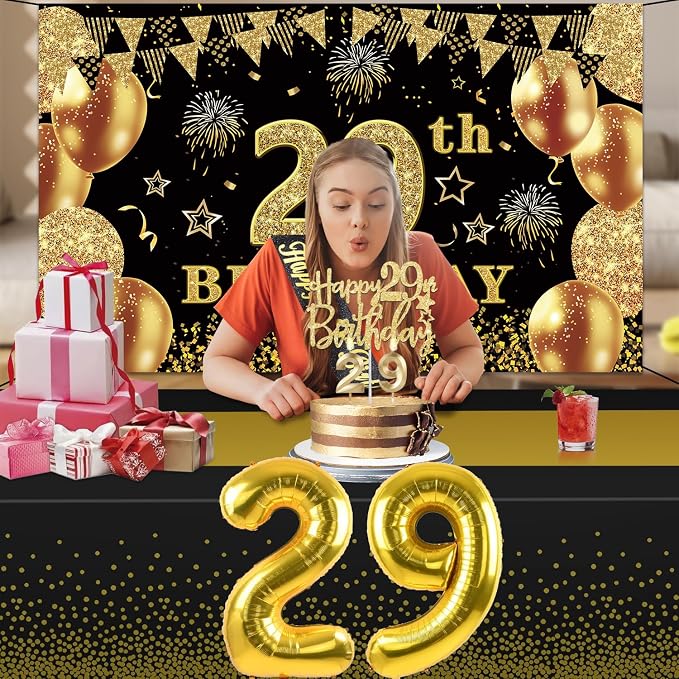 29th Birthday Decorations Men Women with 29th Birthday Banner, Black and Gold Table Cloth, Number Balloons, Large Sash, Cake Topper and Candles