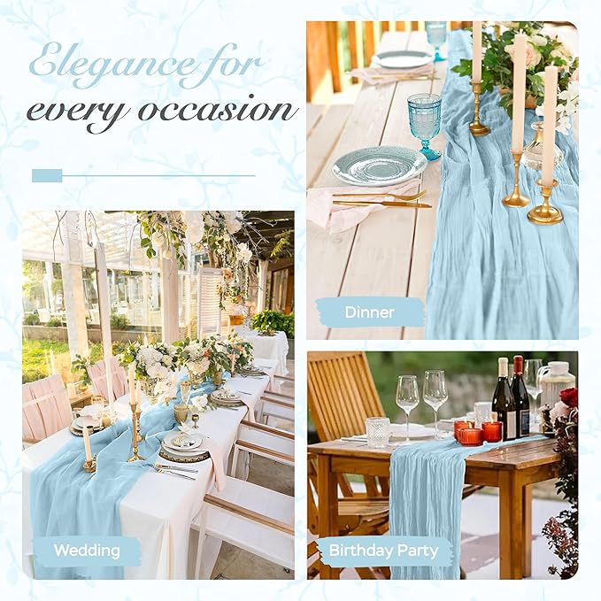 Cheesecloth Table Runner 6 Pack – 35x120 Inch (10ft) Boho Rustic Gauze Cloth Runners – Crinkle Polyester Table Decor for Wedding, Baby Shower, Bridal Shower, Birthday Party and More (Sky Blue)
