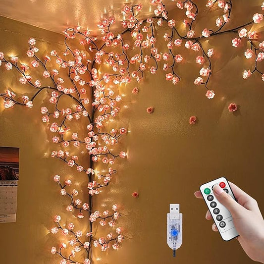 5.25 FT 72 LED Cherry Blossom Tree Branch Lights for Wall,8 Modes Artificial Pink Cherry Blossom Garland with Remote and Timer,Willow Vine Lights for Bedroom,Sakura Wall Decor