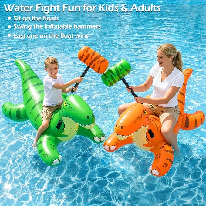 Jasonwell Pool Games Toys Floats -2Pack Inflatable Dinosaur Pool Floats with Blow Up Toy Hammers Ride on Pool Floaties for Kids Teens Adults Lounge Raft Summer Lake Beach Party Decorations