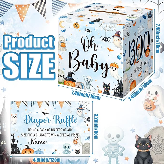 Teling 51 Pieces Diaper Raffle Tickets Box with Card Baby Shower Decorations Gender Reveal Holder Box for Girl Boy Diaper Raffle Party (A Little Boo is Almost Due)