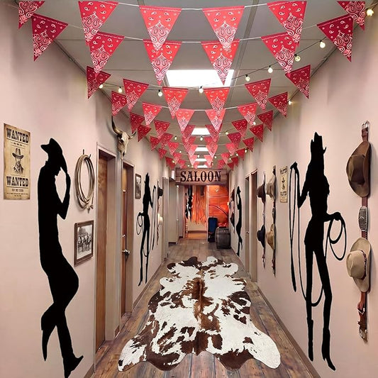 VioraWhite 10 Pcs Western Party Decorations 6.56 ft Cowboy Animal Leather Carpet, Western Cowboy Men and Women, Triangular Flag for Party Supplies Classroom Sports Favors