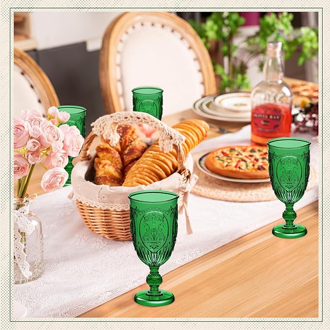 Wiwiqing 24 Pcs Plastic Goblets 7.5oz Vintage Goblet Plastic Wine Glasses Colored Retro Embossed Water Goblets for Wine Bar Juice Baby Shower Wedding Reception Grand Event Party (Dark Green)