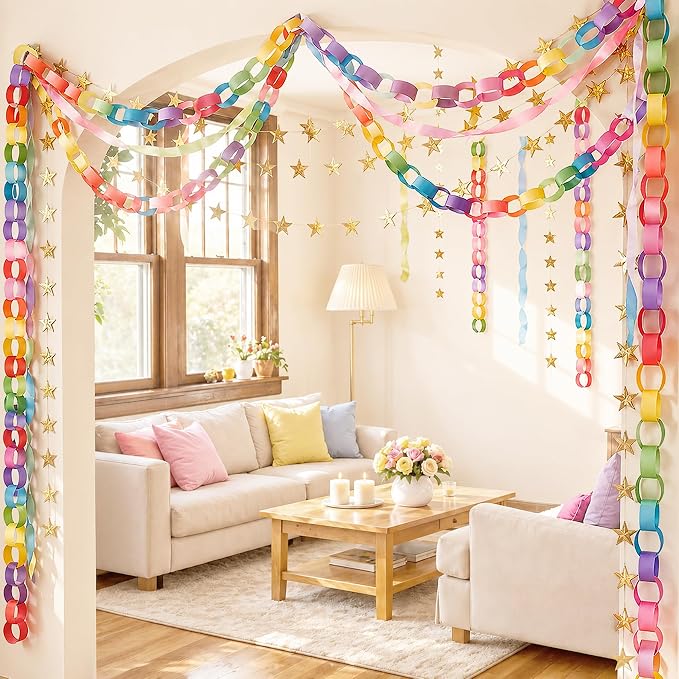 Rainbow Birthday Party Decorations Kit with 492ft Crepe Paper Streamers, 300 Sheets Paper Chain Strips, 78.6ft Gold Star Garland for Hanging Decor