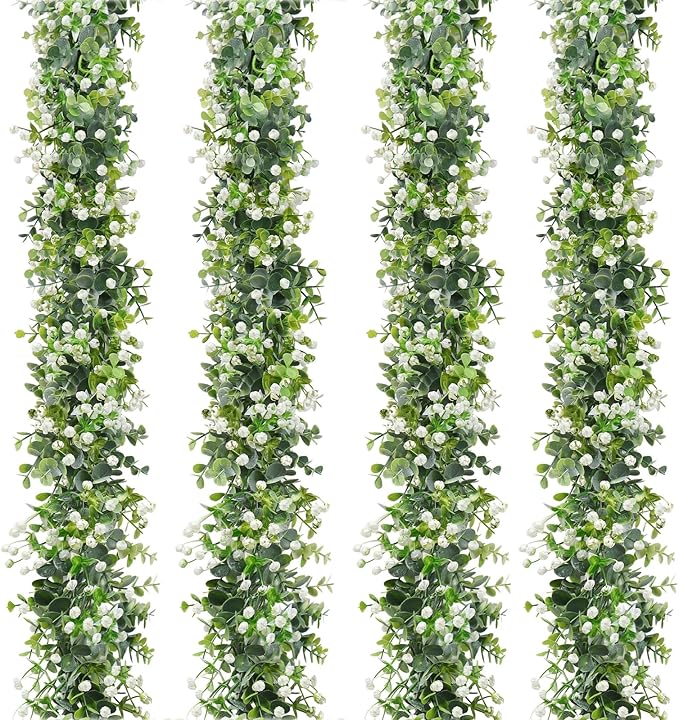 SOMYTING Faux Eucalyptus Garland 4 Pack Fake Vines Hanging Eucalyptus Babys Breath Greenery Garland Spring Garland for Mantle Table Wedding Backdrop Arch Party Wall Decor (4PCS)