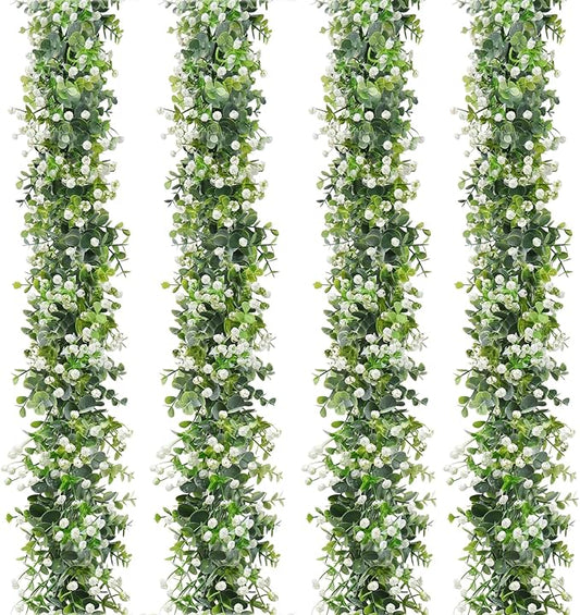 SOMYTING Faux Eucalyptus Garland 4 Pack Fake Vines Hanging Eucalyptus Babys Breath Greenery Garland Spring Garland for Mantle Table Wedding Backdrop Arch Party Wall Decor (4PCS)