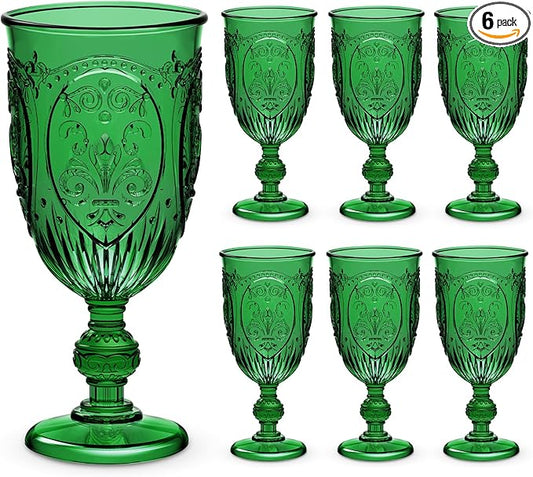 Wiwiqing 6 Pcs Plastic Goblets 7.5oz Vintage Goblet Plastic Wine Glasses Colored Retro Embossed Water Goblets for Wine Bar Juice Baby Shower Wedding Reception Grand Event Party (Dark Green)