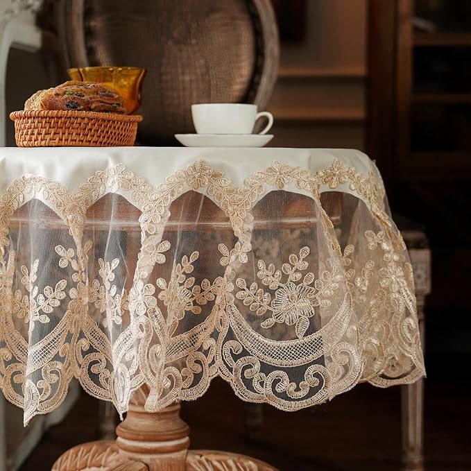 ARTABLE Lace Tablecloth Rectangle Waterproof Table Cover with Exquisite Macrame Border for Wedding Kitchen Holidays Party Decor (Beige, 36 Inch Round)