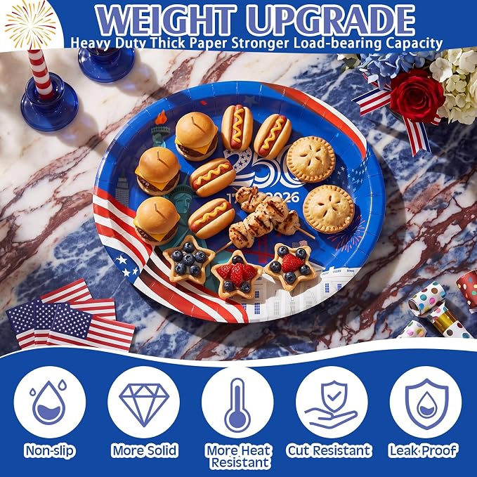 Pajean 350 Pcs 4th of July Party Decorations 12 inch Disposable Patriotic Oval Plates and Napkins Heavy Duty American Flag Paper Tableware Set for 50 Guests 250th Independence Party Supplies