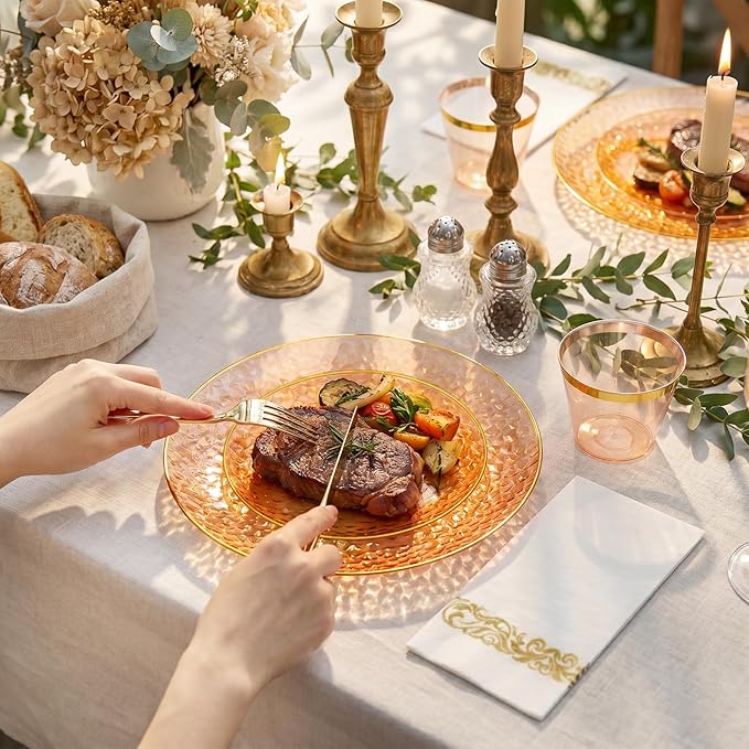 Rubtlamp 175 Pcs Plastic Dinnerware Set (25 Guests), Orange And Gold Plastic Plates, Hammered Party Plates Set Include Dinner Plates, Dessert Plates, Cups&Cutlery Set And Napkins for Wedding And Party