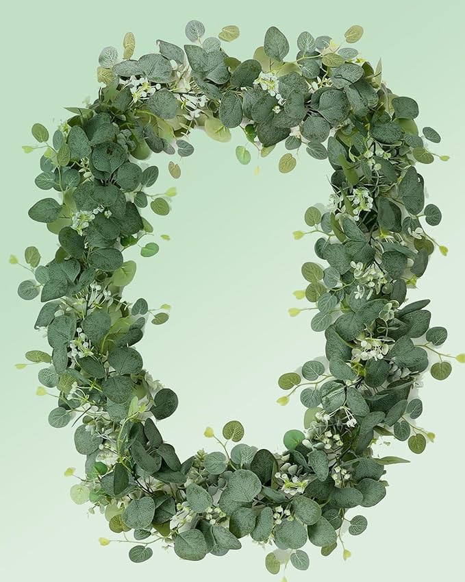 Eucalyptus Garland 6FT Artificial Ivy Greenery Fake Silver Dollar Eucalyptus Leaves Vines Table Decor Green Vine Spring Artificial Vines for Home Mantle Party Decor Indoor/Outdoor (1)