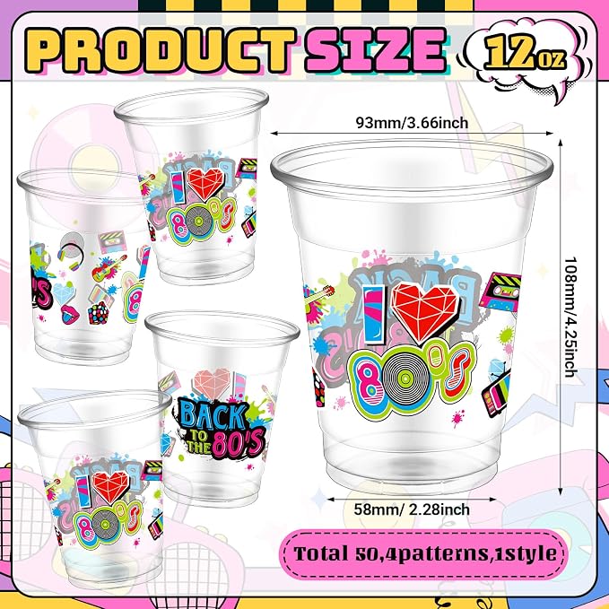 FoldTier 50 Pcs 80s Cups 12 oz Plastic Clear Birthday Glasses Disposable Music Theme Drinking Cups for Home Party Back to the 80s Theme Birthday Favors Supplies Decoration(80s)