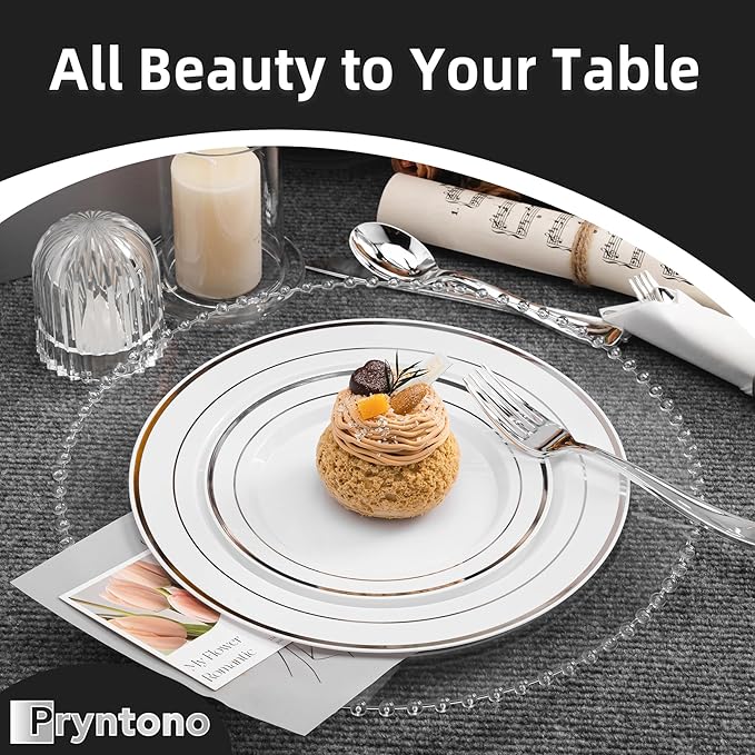 175 PCS White and Silver Plastic Dinnerware Set for 25 Guests, Disposable Party Plates for 25 Guests, Include: 50 Plastic Plates, 25 Pre Rolled Napkins with Silver Silverware, 25 Cups