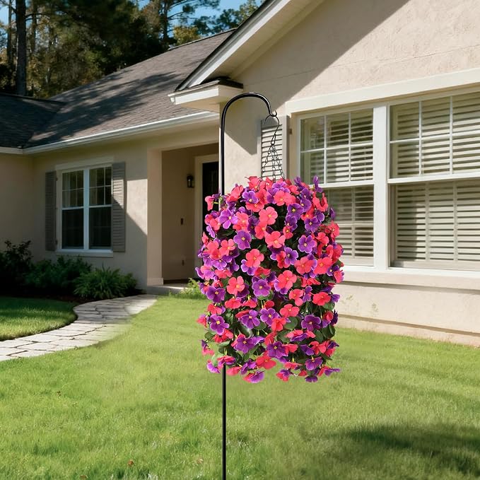 INQCMY Artificial Hanging Flowers Basket for Outdoor Summer Decoration,4pcs Faux Silk Begonia in Planter Look Real UV Resistant for Outside Home Porch Patio Balcony Yard Decor(Orchid Rose Red)