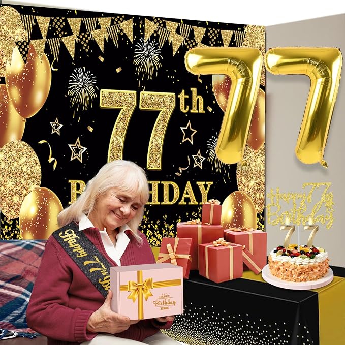 77th Birthday Decorations Men Women with 77th Birthday Banner, Black and Gold Table Cloth, Number Balloons, Sash, Cake Topper and Candles