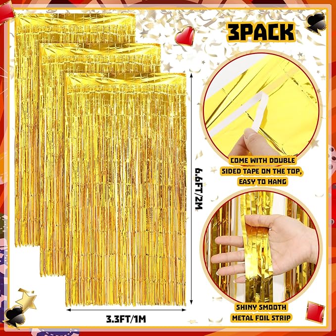 VitalCozy 7pcs Casino Party Decorations Casino Night Party Porch Banners Red Rug Gold Foil Fringe Backdrop Curtains for Las Vegas Poker Dice Birthday Halloween Photo Background Door Entryway Decor