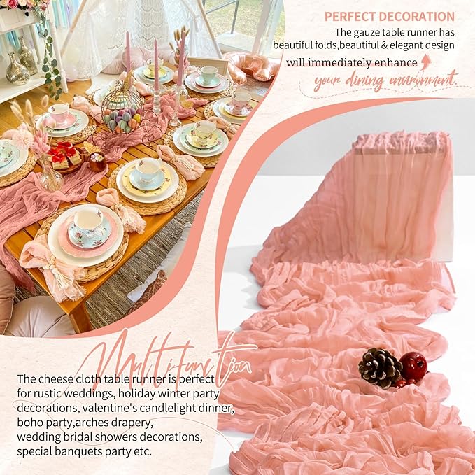 1 Pack Cheesecloth Table Runner 10FT Coral Table Runner Boho Gauze Cheese Cloth Table Runners Long Rustic Sheer Table Decorations for Wedding Party Baby Bridal Shower Birthday Holiday Home