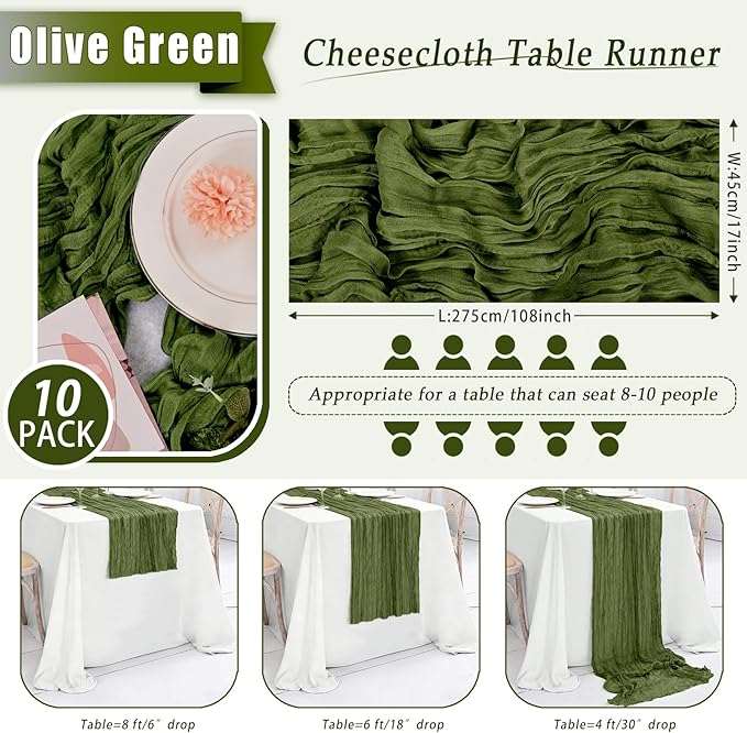 10 Pack Olive Green Cheesecloth Table Runner 17x108 Inch Semi Sheer Boho Rustic Gauze Cheese Cloth Table Runners for Wedding Party Birthday Baby Shower Home Décor