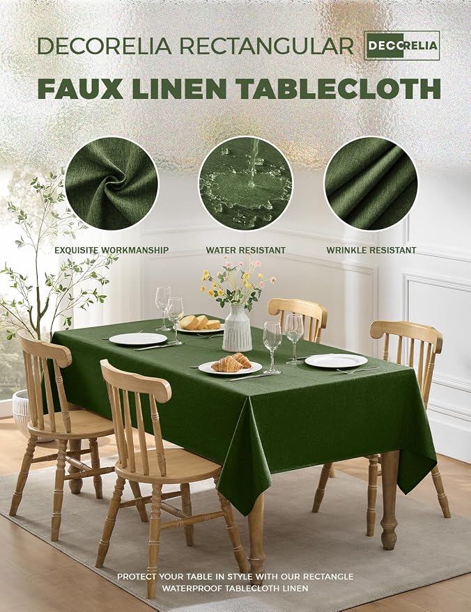 Decorelia Faux Linen Farmhouse Table Cloth 60"x104" for 6 ft Rectangle Table, Dark Green Waterproof Outdoor Washable Cloth Tablecloth for Rectangular Dining Room Kitchen Outdoor Party Restaurant Table