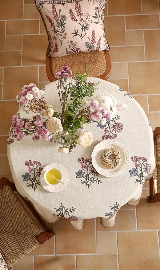 ISAENNE Designer French Linen Round Tablecloth,Diameter 55"-Helena E | Vintage Elegant Beautiful Table Cloth for Round Table,Floral Pattern,Heavyweight,Dining Room,Kitchen,Thanksgiving,Decor