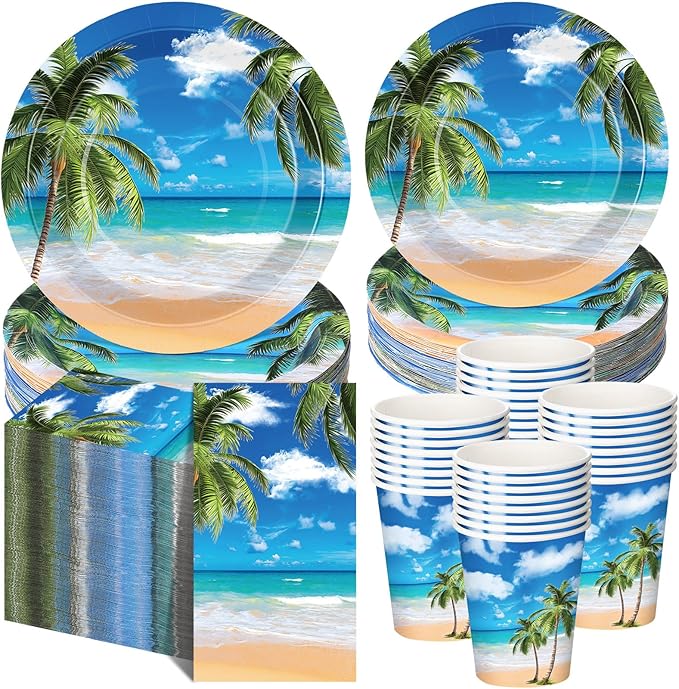 Funnymoom 250 Pcs Tropical Beach Party Decoration Summer Paper Plates Napkins and Cups Hawaiian Tableware Set for Birthday Pool Summer Baby Shower Beach Themed Party Supplies, Serves 50