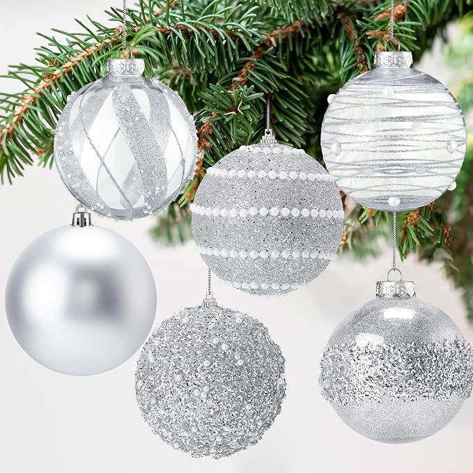 Lyrow 12 Pcs 4 inch Christmas Balls Ornaments Glitter Shatterproof Christmas Decorations Tree Balls Sparkly Holiday Ornaments Bulk for Xmas Trees(Silver)
