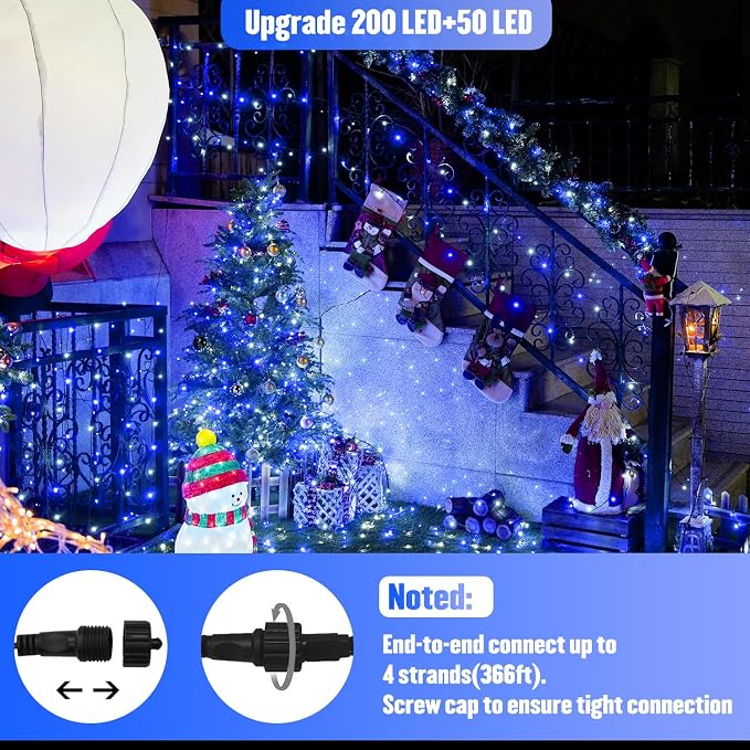JMEXSUSS 250 LED Blue & White Christmas Lights, 91.5ft String Light Plug in | Christmas Tree Lights, Extendable, Green Wire, Waterproof, 8 Modes, Indoor/Outdoor, Porch Garden Patio Rail Christmas Decor