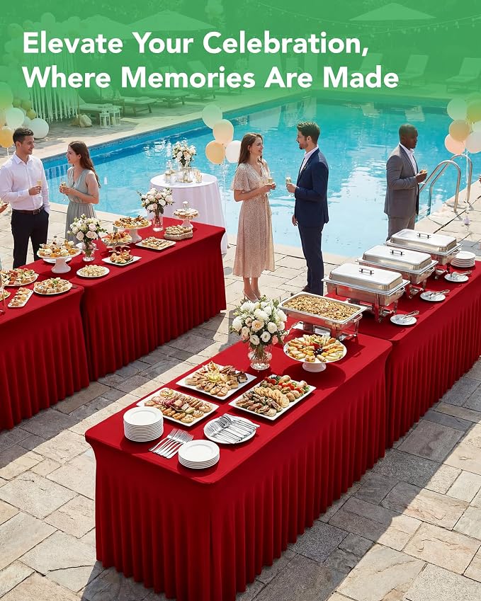 4 Pack Spandex Table Cover Skirts for 8ft Rectangle Tables, Red Stretch Table Cloths with Floor-Length Ruffle, Elastic Fitted Skirted Tablecloth for Elegant Wedding Banquet Party Buffet Decoration