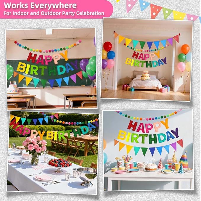 Pre-Strung 3D Happy Birthday Banner-Felt Happy Birthday Decorations Ball Garland Pennant Flag Reusable Rainbow Birthday Decorations Multicolor Rainbow Bunting String Triangle Flags Birthday Party Decor