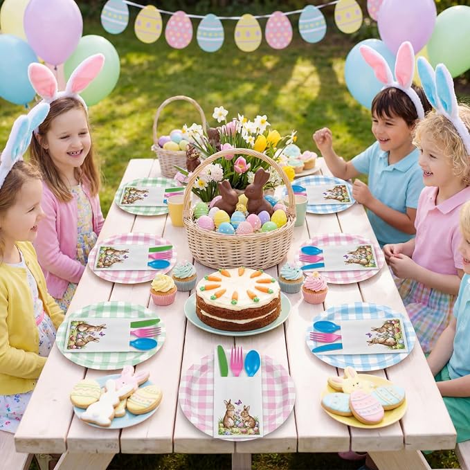 LemonRoad 50 Sets Easter Plastic Silverware Bunny Egg Disposable Prefolded Cutlery Includes Forks Knives Spoons Linen Paper Napkin Easter Tableware for Spring Gatherings Wedding Party Kitchen