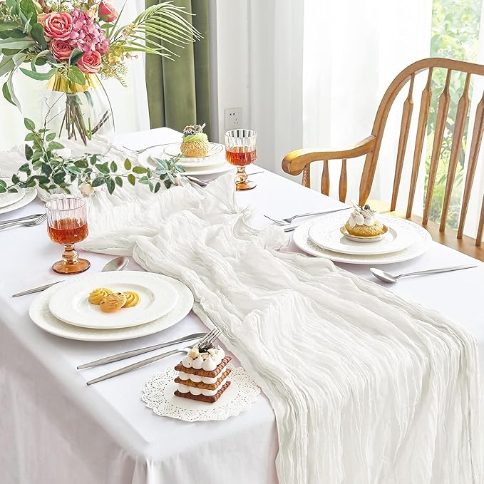 IVAPUPU 4 Pcs Cheesecloth Table Runner - 10ft Ivory White Spring Boho Gauze Cheese Cloth Table Runners for Baby Shower Decoration Wedding Party Garden Farmhouse