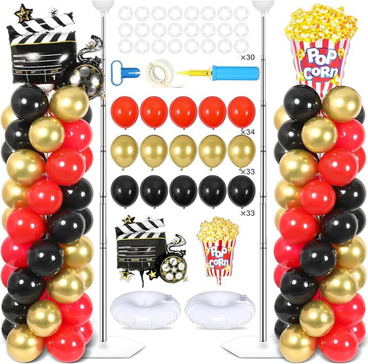 2 Sets Movie Night Balloon Column Stand Kit With 102 Popcorn Clapboard Foil Balloons 5.57ft Adjustable Tower Stand With Base Adjustable Arch Column for Camera Film Movie Birthday Party Supplies