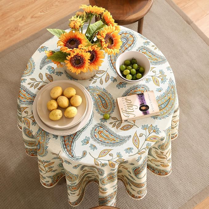 patdrea Vintage French Linen Tablecloth,Round,Diameter 55"-Lysaniya | Colorful Elegant Table Cloth for Round Table,Paisley Patterned,Dining Room Tea Party Thanksgiving Decor,Stain Resistant