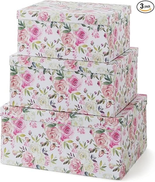 Soul & Lane Decorative Storage Cardboard Boxes with Lids | Summer Rose - Set of 3 | Floral Paperboard Nesting Boxes