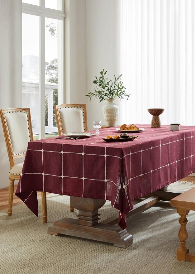 ZeeMart Grid Embroidered Hemmed Tablecloths, Burgundy 60x104 Inch, Farmhouse Style Heavy Weight Cotton Linen Red Tablecloths, Boho Plaid Water Resistant Rectangle Table Cloth