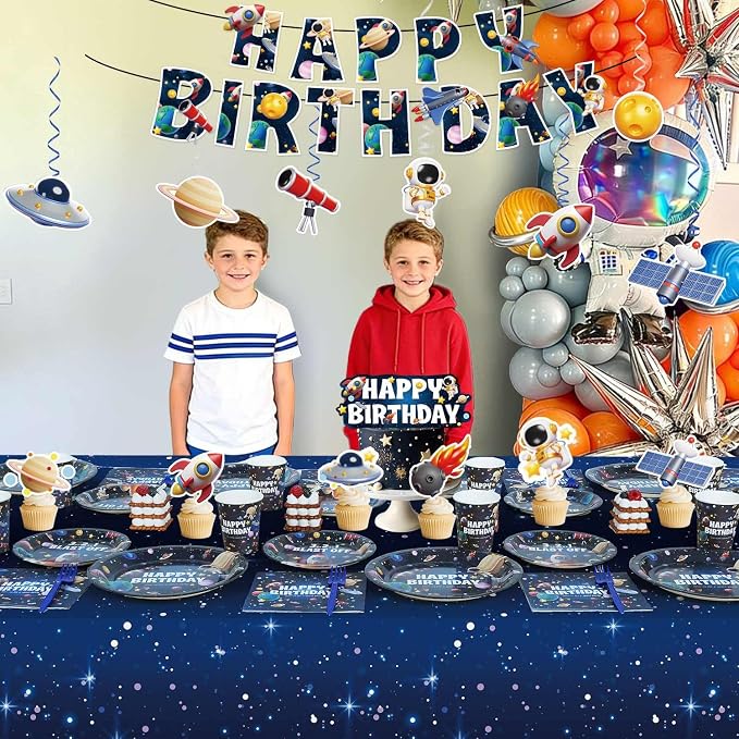 Space Themed Birthday Party Decorations Plates Set, All-In-One Outer Space Planet Party Plates Napkins Cups Forks Banner Hanging Swirls Cake Cupcake Toppers Tablecloth Balloons Kit