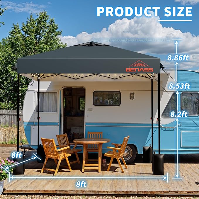8x8 Pop Up Canopy, Easy Up Canopy Tent, Heavy Duty Tents for Parties, One Person Easy Set Up Event Tent, Grey