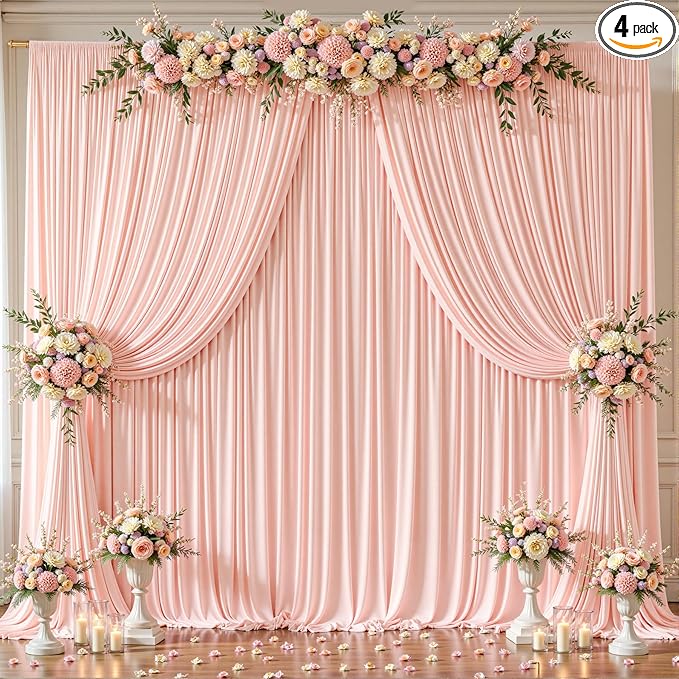 16x10FT Pale Pink Backdrop Curtains for Wedding Parties, Wrinkle Free Polyester Photography Backdrop Drapes for Wedding Baby Shower Birthday Parties Stage Background Stand Decorations 4x10ft,4 Panels