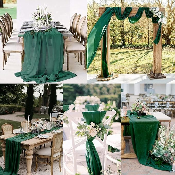 12 Packs Dark Green 10Ft Chiffon Table Runner 27x120 Inches Sheer Chiffon Table Runner Romantic Boho Rustic Wedding Table Runner for Wedding Birthday Party Decor Bridal Baby Shower Table Decoration